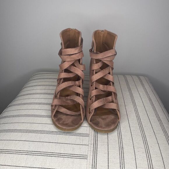 Qupid- Pink Suede Open Toe Heels - Picture 2 of 6